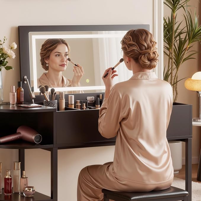 Cyclysio Vanity Desk with Flip Top Mirror and Lights, Makeup Vanity Desk with Drawers, Dressing Table with Storage Shelves & Charging Station, Small Vanity for Small Spaces, Black