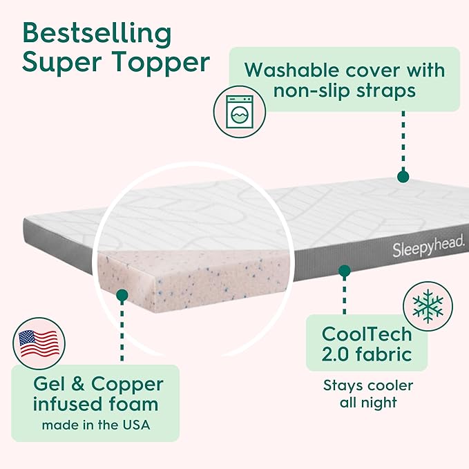 Sleepyhead Twin XL 2 Inch Mattress Topper, Super Gel & Copper-Infused Memory Foam for College Dorm Beds, Cooling & Support, Made in USA, Removable Washable Cover, CertiPUR-US® Certified (XL Twin 2")