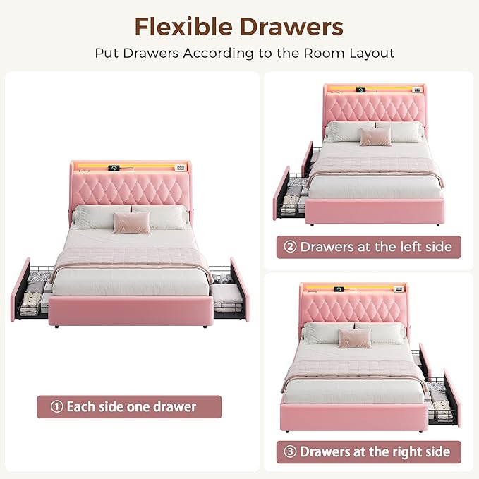 Full LED Velvet Bed Frame with 2 Storage Drawers&Hidden Headboard, Upholstered Platform Bed with Charging Station&Button Tufted Design, Wooden Slats Support, Box Spring Optional, Easy Assembly, Pink