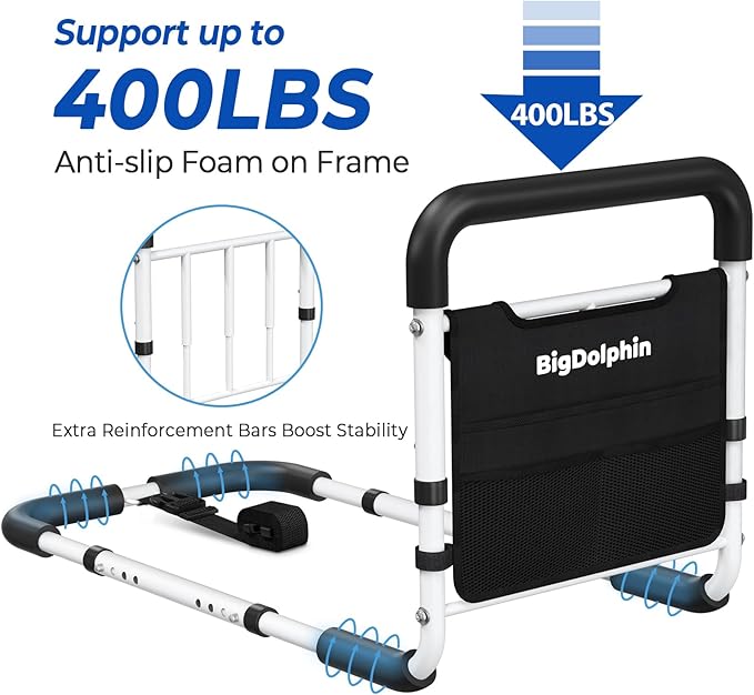 Bed Assist Rail - ASTM Approved, Adjustable Bed Cane with Non-Slip Ergonomic Handle & Storage Pocket, Bed Railings for Seniors Support 400 LBS, Tool-Free Assembly