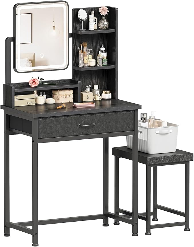 YeTom Makeup Vanity Desk with Mirror and Lights, Small Vanity with Fabric Storage Drawer & Shelves & Side Table, Black Compact Makeup Vanity for Bedroom