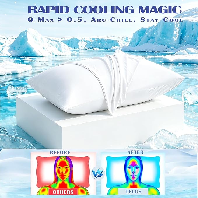 TELUS Cooling Pillowcases for Hot Sleepers King Size 2-Pack, Silky Soft Breathable Pillow Case with Envelope Close, Stay Cool Pillow Cover for Night Sweats, 20x36 Inch, White