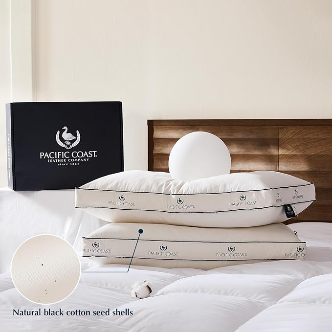 Pacific Coast Goose Feather and Down Bed Pillows for Side and Back Sleepers, King Size Set of 2, 100% Organic Cotton Cover, Firm Pillows, Gusseted Pillows of Hotel Collection