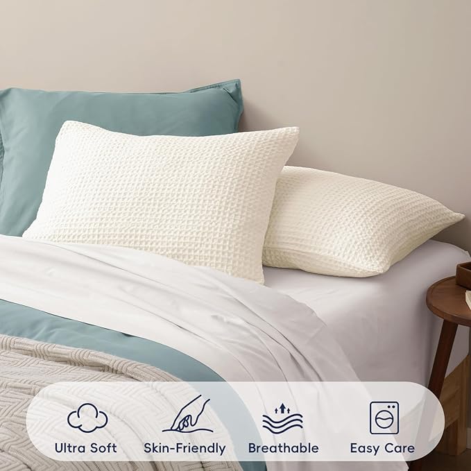 PHF Ultra Soft Waffle Weave Pillow Shams Queen Size, No Insert, 2 Pack 20" x 30" Pillowcases,Breathable & Skin-Friendly Pillow Cases, Stylish Decorative Bed Pillow Cases Covers, Cream White
