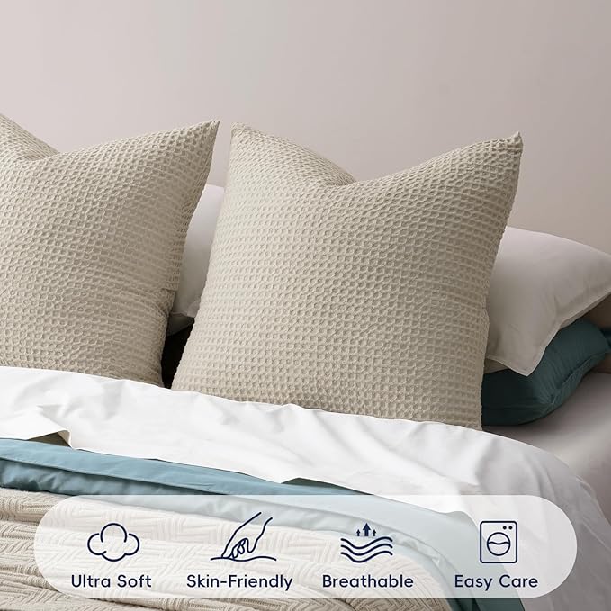 PHF Ultra Soft Waffle Weave Euro Shams Pillow Covers, No Filling, 2 Pack 26" x 26" Bed Cushion Covers, Breathable & Skin-Friendly Bed Pillow Shams for Stylish Home Decor, Light Khaki/Linen