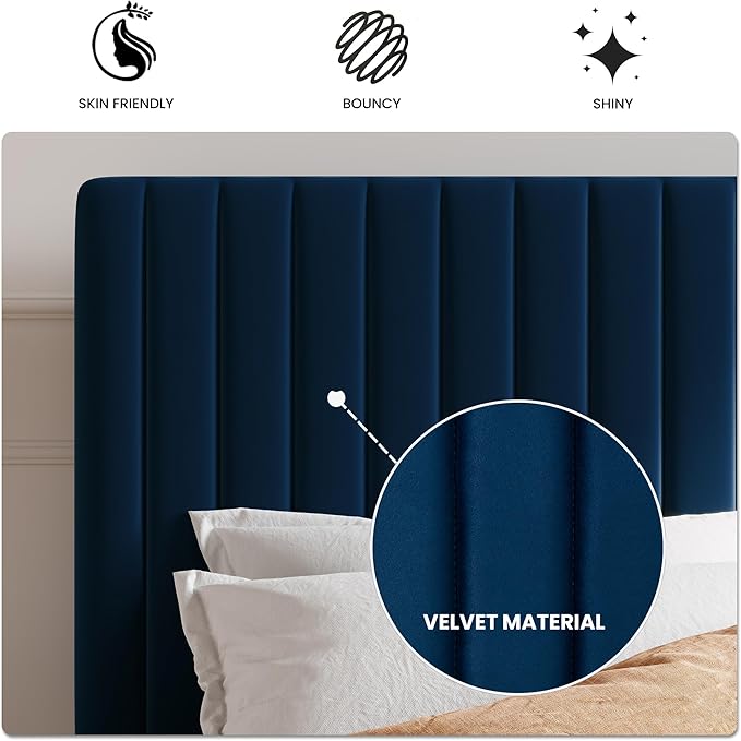 SHA CERLIN Full Upholstered Platform Bed Frame with Vertical Channel Tufted Velvet Fabric Adjustable Headboard, Wooden Slats Support, Mattress Foundation, Box Spring Optional, Blue