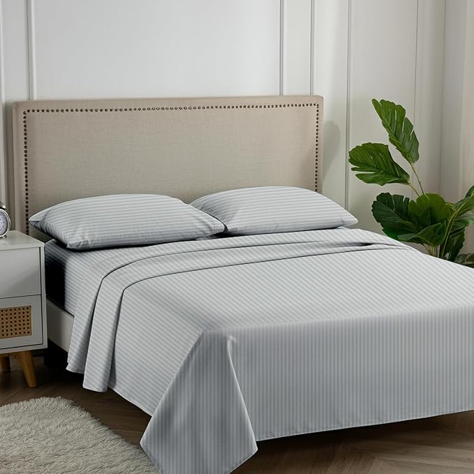 Carressa Linen Luxury Egyptian Cotton Full Stripe Sheet Set - 600 Series Hydrangeas Collection Long Staple Full Damask Sheets (4 PC, Silver Stripe), Sateen Weave Sheets Upto 18 in Deep Pocket