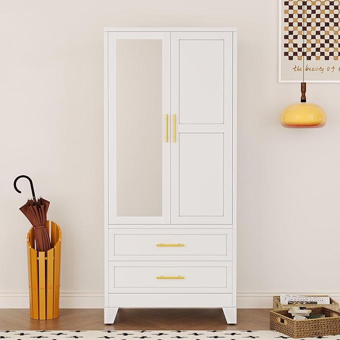 erosoei Metal Armoire Wardrobe Closet, 71 "Metal Clothing Storage Cabinet with Mirror and Adjustable Shelves, Household Steel Wardrobe Storage Cabinet with 2 Drawers and Hanging Rod(Armoire-White)