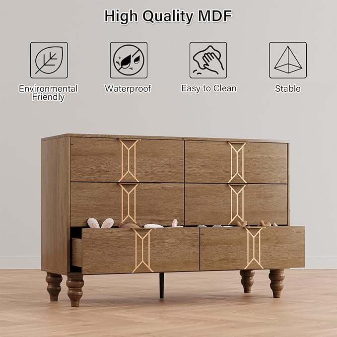 IDEALHOUSE Modern Wooden 6 Drawer Dresser with Vintage Pattern Design, Chest Dresser with Deep Drawers for Bedroom, Living Room and Entryway, Oak and Gold
