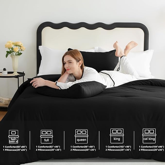CozyLux Twin Comforter Black, 2 Pieces Twin Extra Long Comforter Set with Corner Tabs, Twin XL Breathable Bedding Sets for College Dorm, Luxury Bed Set with Down Alternative Comforter and 1 Pillowcase