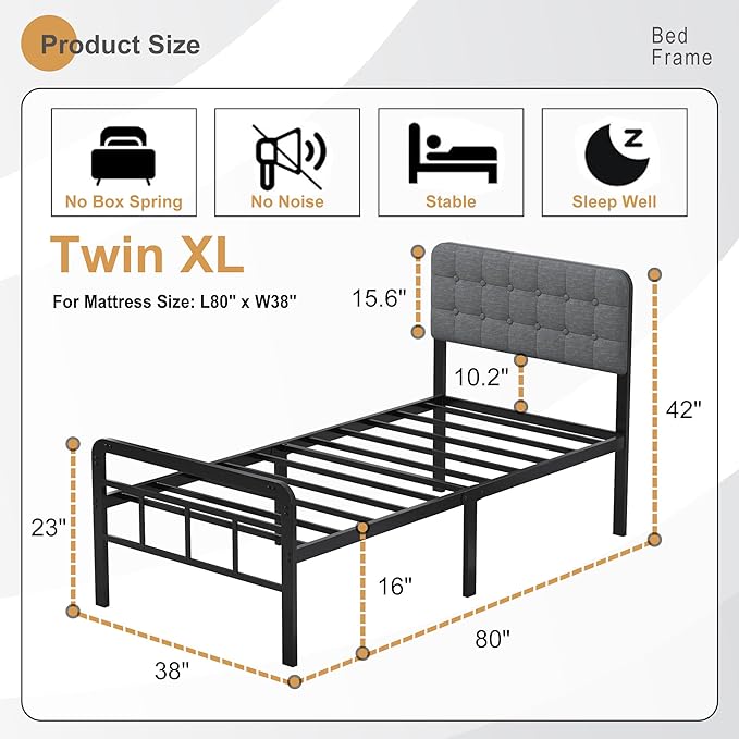 EMODA 16 Inch Twin XL Bed Frames with Upholstered Headboard and Metal Footboard, Heavy Duty XL Twin Metal Bed Frame, No Box Spring Needed, Easy Assembly