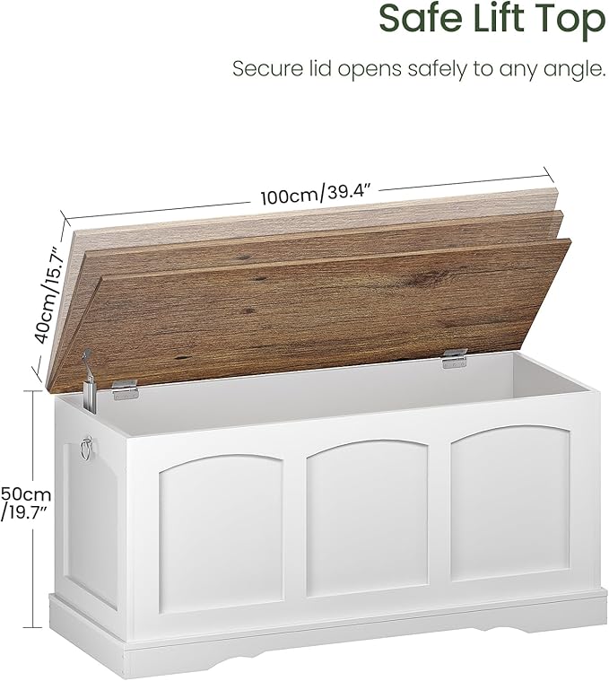 CHOEZON 39.4" Storage Chest Bench with Lift Lid, Toy Chest with Safety Hinge, Entryway Shoe Bench, Wooden Storage Trunk, Holds up to 220 lb, for Living Room, Bedroom, Hall, White and Walnut MCW12WL