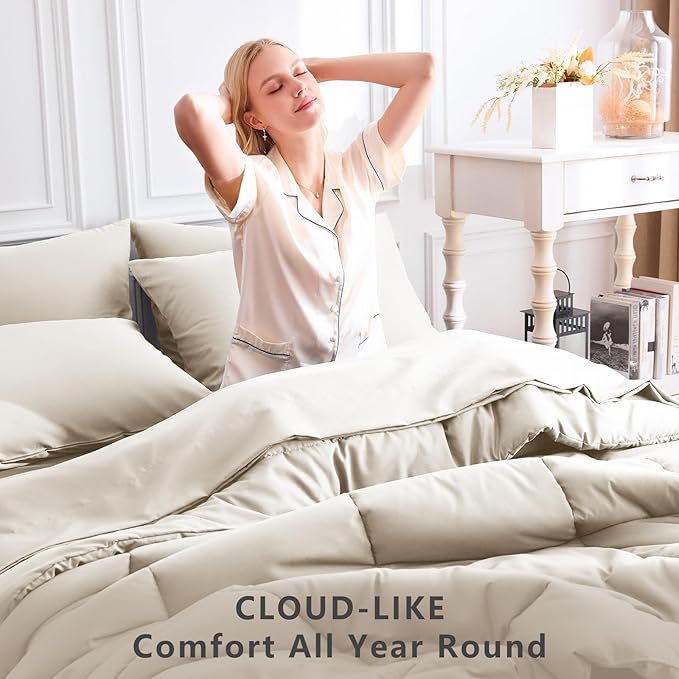 CozyLux Twin Comforter Set with Sheets Beige, 5 Pieces Bed in a Bag, Beige Comforter Twin Size, All Season Bedding Set with Stitch Quilted Comforter, Flat Sheet, Fitted Sheet, Pillowcases
