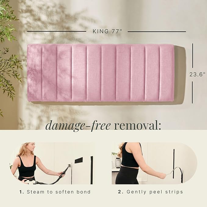 Hearth & Harbor Upholstered King Headboard - Easy Assemble Channel Stitched Headboard King Size Bed - Wall Mounted Headboards with 3D Soundproof Wall Panels Peel & Stick Floating Headboards, Pink