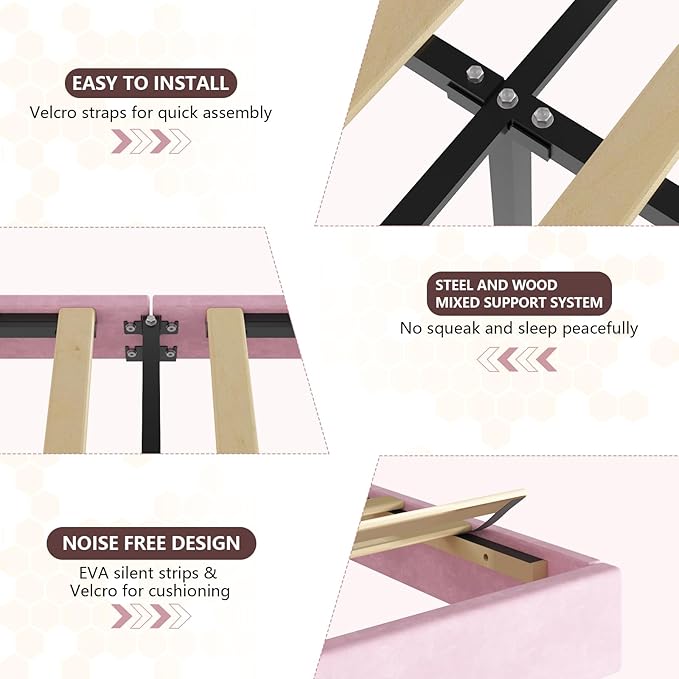 Garvee Twin Size Upholstered Bed Frame with LED Lights & Storage Drawers, Fabric Headboard & Wood Slats, No Box Spring Needed, Princess Bed for Girls (Pink White)