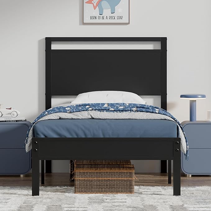 Z-hom Twin Metal Bed Frame with Wooden Headboard and Footboard, Heavy Duty Platform Frame with Metal Slats, No Box Spring Needed, Quiet and Non-Slip Design, Bed Storage for Small Bedroom,Black