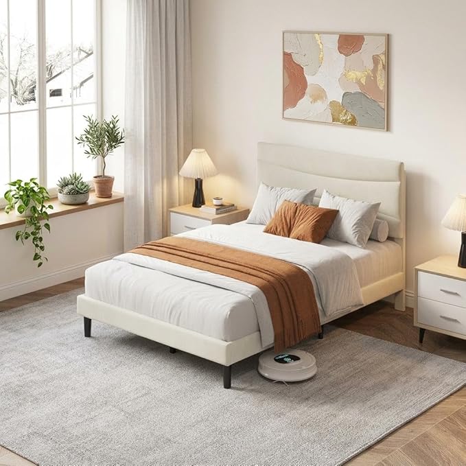 IDEALHOUSE Full Size Upholstered Platform Bed Frame with Ergonomic Headboard, Beige Soft Fabric, Heavy Duty Wooden Slats, Noise-Free, 6.3" Underbed Storage, No Box Spring Needed, Easy Assembly