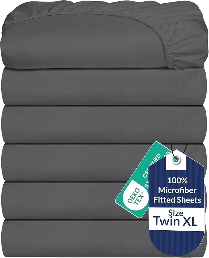 Royale Linens 6 Pack Twin XL Fitted Sheet Set - Bottom Sheet - Soft & Breathable - Brushed 1800 Microfiber - Wrinkle & Stain Resistant - Hotel Quality Deep Pocket Stretches Up to 16" (Twin XL,Grey)