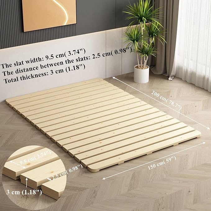 Foldable Breathable Wooden Bed Plate, Guest Tatami Mat, Wood Roll-Type Slatted Bed Japanese Floor Futon Mattress, Floor Sleep Bedding (Queen)