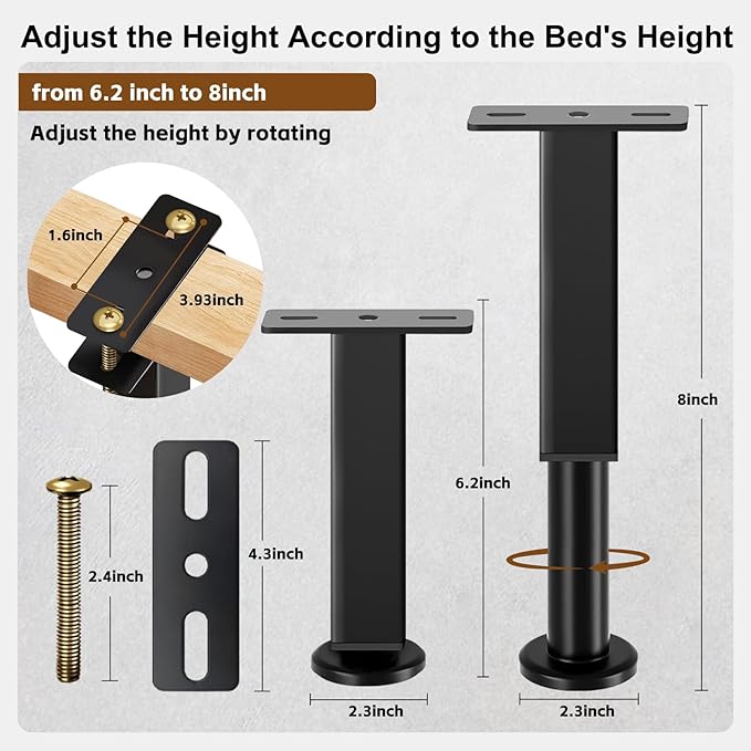 Bed Support Legs, 6PCS Replacement Adjustable Bed Risers, 6.2-8 in Heavy Duty Metal Furniture Feet with Non-Slip Rubber Base for King Queen Slats, Couch, Table, Sofa