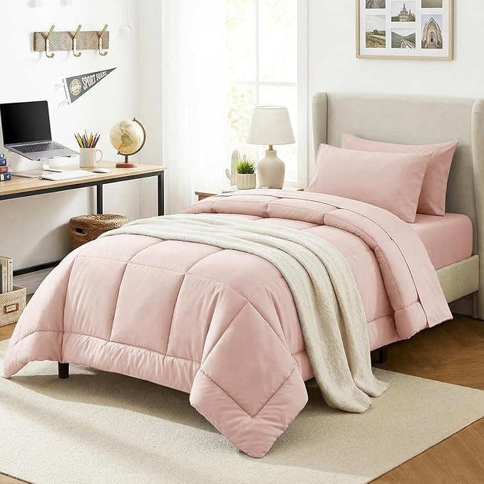 CozyLux Twin Comforter Set with Sheets Blush Pink, 5 Pieces Bed in a Bag, Pink Comforter Twin Size, All Season Bedding Set with Stitch Quilted Comforter, Flat Sheet, Fitted Sheet, Pillowcases