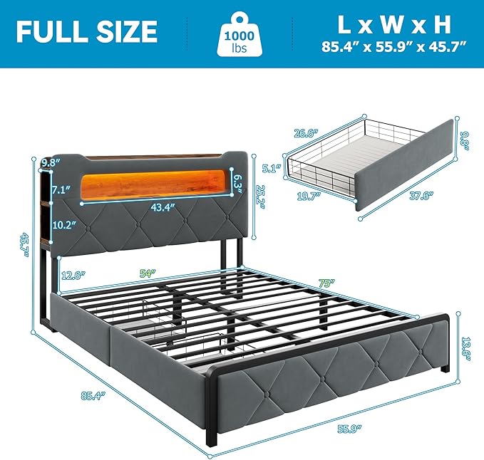 Jocoevol Full Upholstered LED Bed Frame with 2 Storage Drawers and 2-Tier Storage Headboard, Velvet Platform Bed with Charging Station & Bookcase, Heavy Duty Metal Support, No Box Spring Needed, Grey