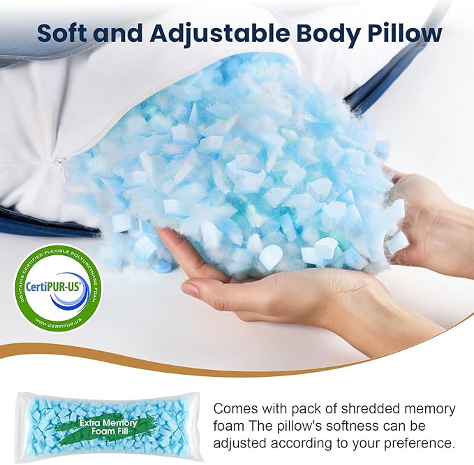 TranquilRelax C Shaped Body Pillow for Side Sleepers, Memory Foam Long Pillow for Leg, Hip & Back Support, Soft Washable Cover,Navy Blue-35"*10"