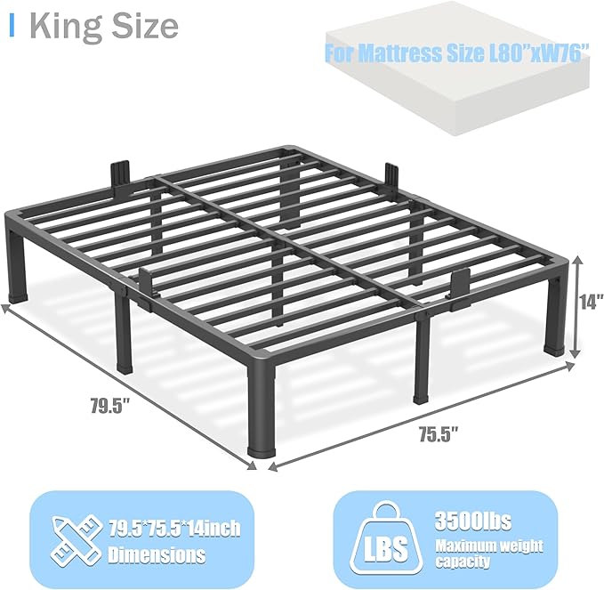 Yitong Angel 14 inch King Size Bed Frame with Round Corner Legs Mattress Slide Stopper,3500 lbs Heavy Duty Metal Platform,Steel Slat Support,No Box Spring Needed,Easy Assembly,Noise Free