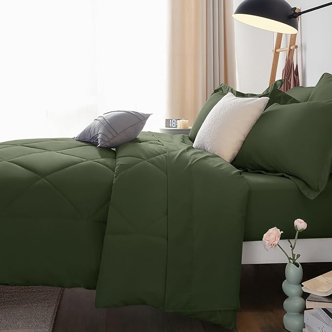 CozyLux Oversized Queen Comforter Set Olive Green - 7 Pieces Bed in a Bag Comforter Set with Sheets, Luxury Soft Bed Set, Bedding Set with Down Alternative Comforter, Sheets, Pillowcases & Shams