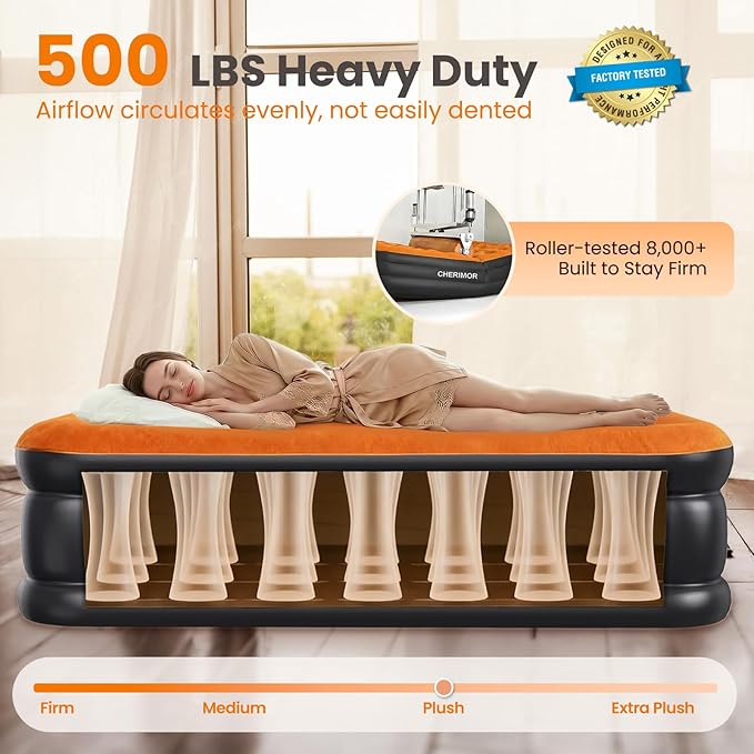 CHERIMOR Twin XL Air Mattress with Built-in Pump, 80" Extra Long, Upgraded Durable Design, Enhanced Support & Lasting Firmness, 2-Min Fast Inflation, Air Bed for Guests & Camping, 500 lbs Capacity
