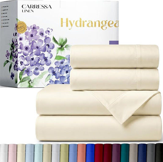 Carressa Linen 100% Egyptian Cotton Queen Sheet Set - 600 Series Hydrangeas Collection Egyptian Cotton Queen Sheets Set (4 PC, Ivory), 16" Deep Pocket Sateen Weave Luxury Hotel Bed Sheet