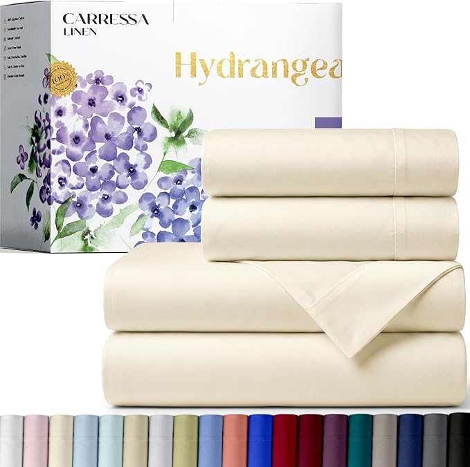 Carressa Linen California King Egyptian Cotton Sheet Sets - 600 Series Hydrangeas Collection Cal King Cotton Sheet Set (4 PC, Ivory),16" Deep Pocket Sateen Weave Luxury Hotel Bed Sheets