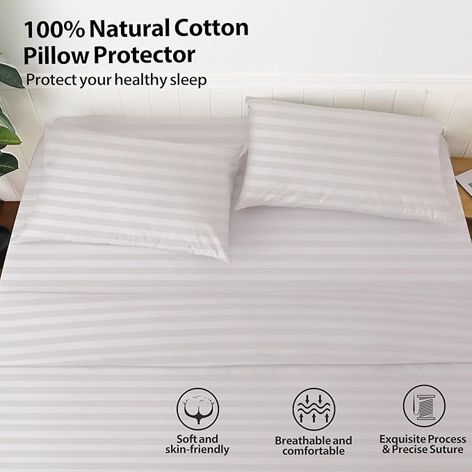 100% Cotton Classic Pillow Protectors with Invisible Zipper, 600 Thread Count Sateen Weave Soft and Breathable Pillow Cases, Protect Pillows from Dirt, Dust and Debris (Queen, 20"x30", Set of 2)