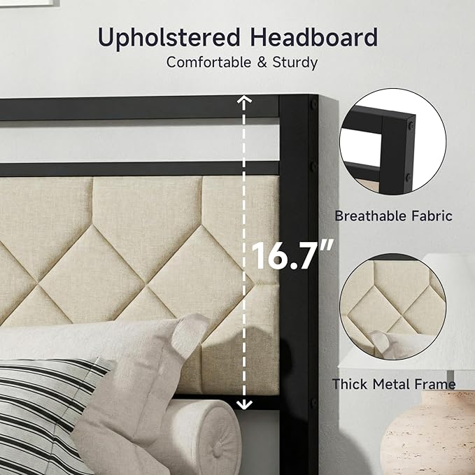 Z-hom Easy Assembly Upholstered Platform Bed Frame with Soft Padded Headboard, Modern Linen Fabric Mattress Foundation, No Box Spring Needed, Noise-Free & Sturdy Metal Support, Queen Size (Beige)