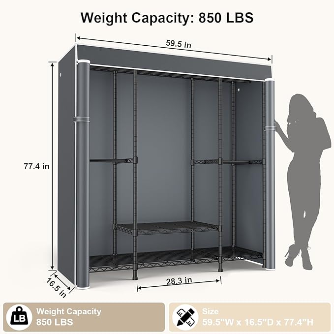 ULIFHOME E3C Black Clothes Rack with Gray Cover, Heavy Duty Freestanding Garment Rack, Metal Closet System Storage Organizer for Clothing, Holds up to 850 lbs, 59.5" W x 16.5" D x 77.4" H