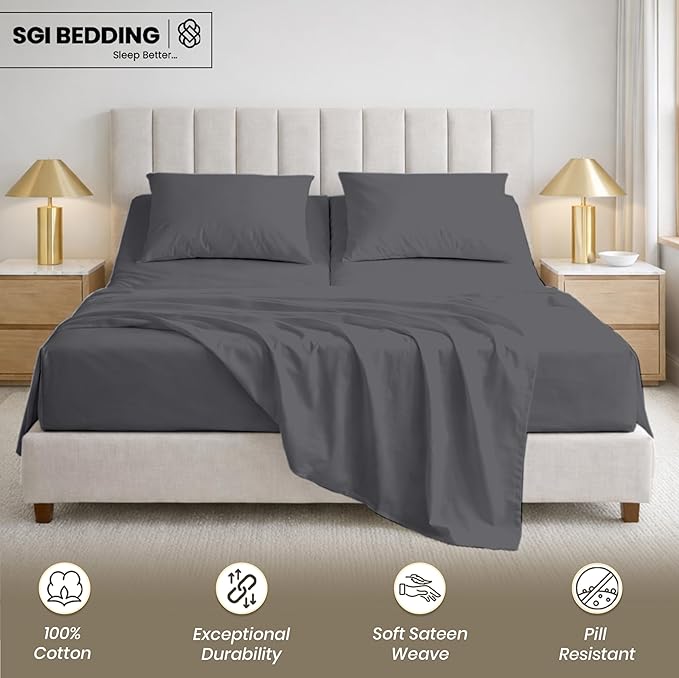 SGI bedding 28" Queen Split Top Flex Head Sheet 100% Egyptian Cotton 1000 Thread Count Flex Top Sheet for Adjustable Bed 4Pc Sheet Set 15" Deep Pocket for Sleep Number Bed - Dark Gray