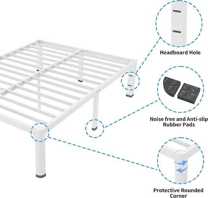 ROIL 18 Inch White Twin Size Bed Frame with Rounded Corner and Headboard Hole Mattress Retainers 3500LBS Heavy Duty Steel Slats No Box Spring Needed Platform Noise-Free Easy Assembly