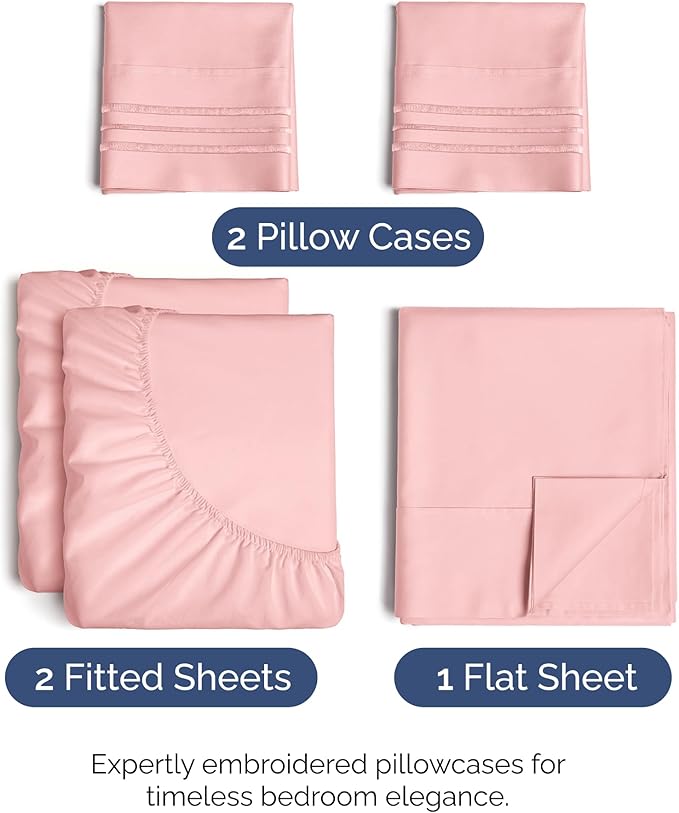 Split King Size 5 Piece Sheet Set - Comfy Breathable & Cooling Sheets - Hotel Luxury Bed Sheets for Women & Men - Deep Pockets, Easy-Fit, Soft & Wrinkle Free Sheets - Baby Pink Oeko-Tex Bed Sheet Set