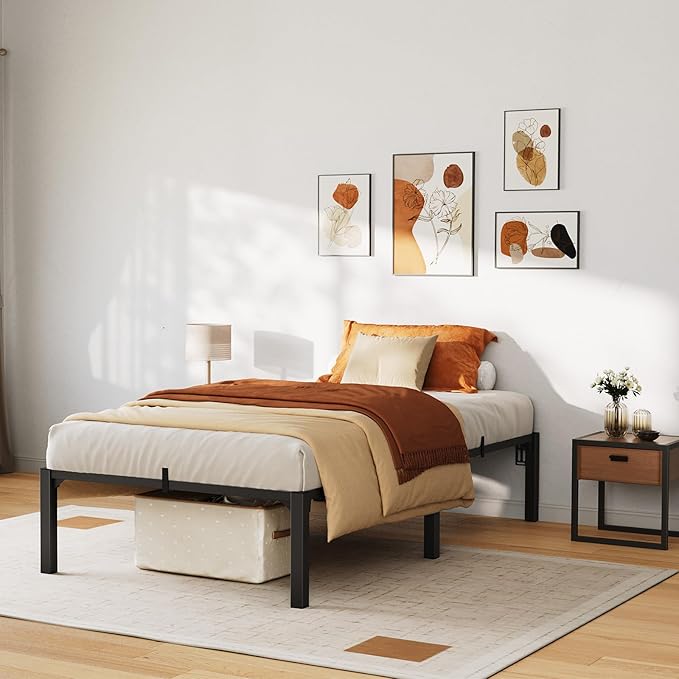 14 Inch Twin Metal Bed Frame, Heavy Duty Metal Platform Bed Frame with Reinforced Slats Support, 800 Lbs Load Capacity, Noise Free, No Box Spring Needed and Screws , Tool-Free Assembly Bed Frame
