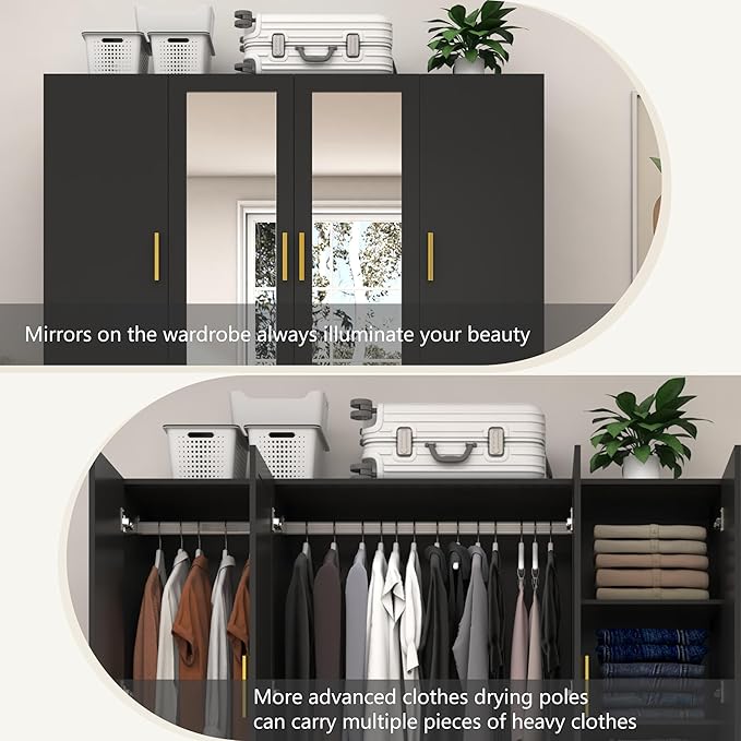 jiteentarou 4 Door Wardrobe Closet with Mirrors and LED Lights, Bedroom Armoire with Drawers and Shelves, Modern Wooden Armoire Wardrobe Closet with Hanging Rod for Bedroom, Black
