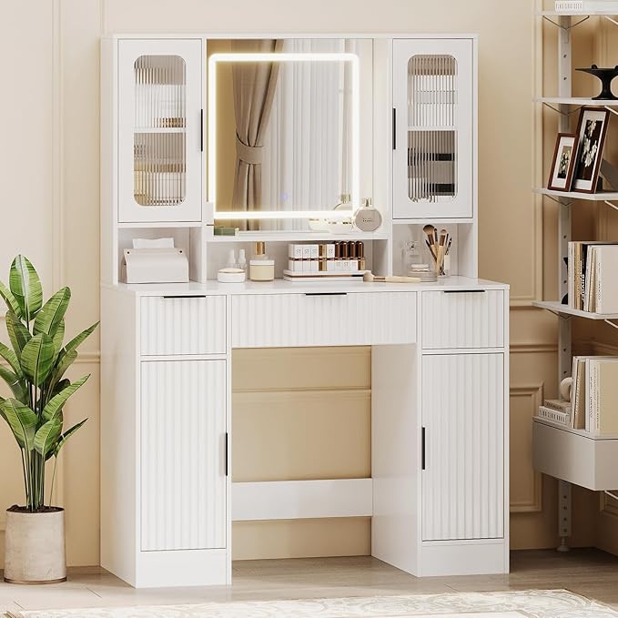 Garvee Vanity Desk with Mirror and Light, Modern Makeup Dressing Table with Adjustable 3 Colors Light, Vanities for Bedroom with 2 Glass Cabinets, 2 Large Cabinets, 3 Drawers & Storage Shelves, White