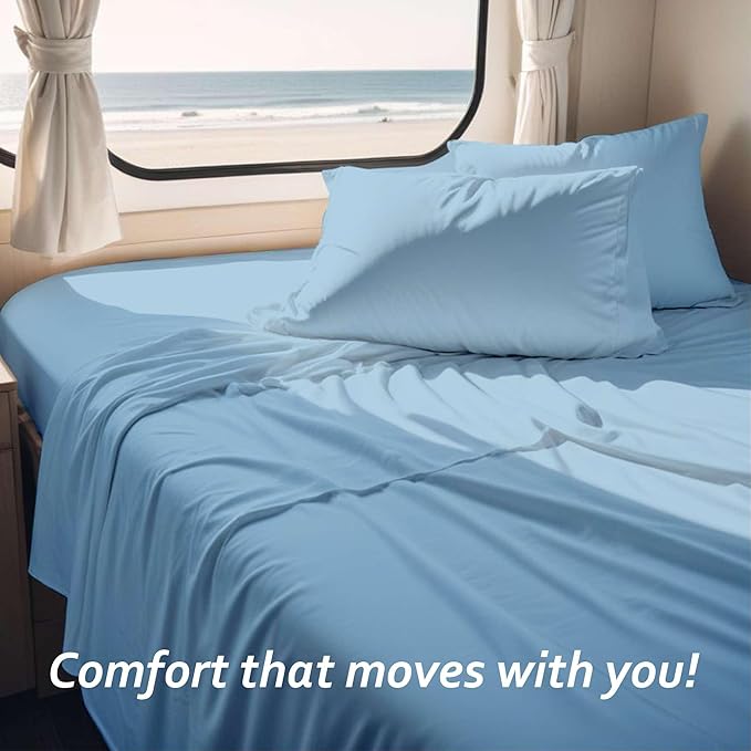Queen RV Camper Sheet Set (60x80) – 100% Egyptian Cotton, Soft & Cooling, 16” Deep Pocket Fitted Sheet, Luxury Hotel Quality Bedding for RVs, Campers & Motorhomes (Light Blue Solid)