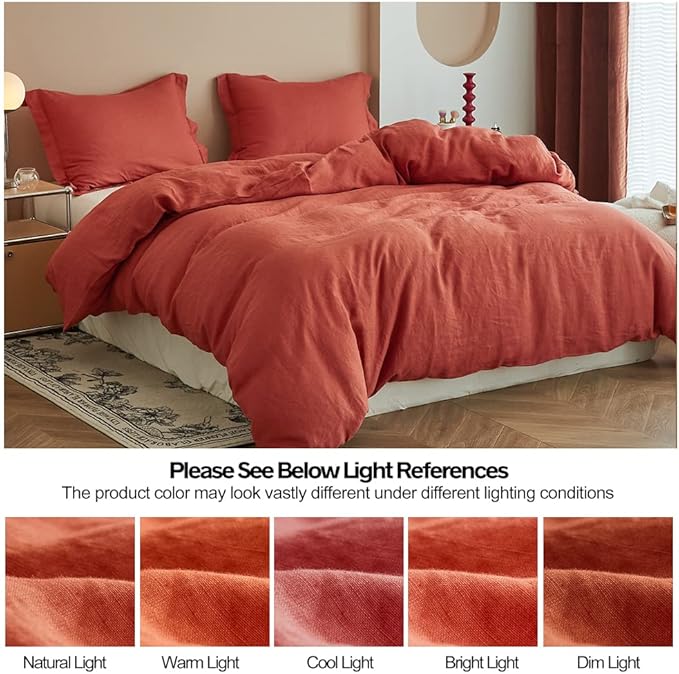 Simple&Opulence 100% Linen Duvet Cover Set 3pcs Basic Style Natural French Washed Flax Solid Color Soft Breathable Farmhouse Bedding with Button Closure - Brick Red, King