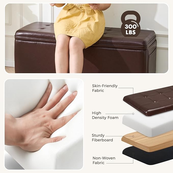 45" Storage Ottoman Bench - Large 28 Gallon (105L) Brown Bedroom Bench for End of Bed, Fuax Leather Upholstered Window Seat, Sturdy Toy Chest & Shoe Bench for Living Room, Entryway