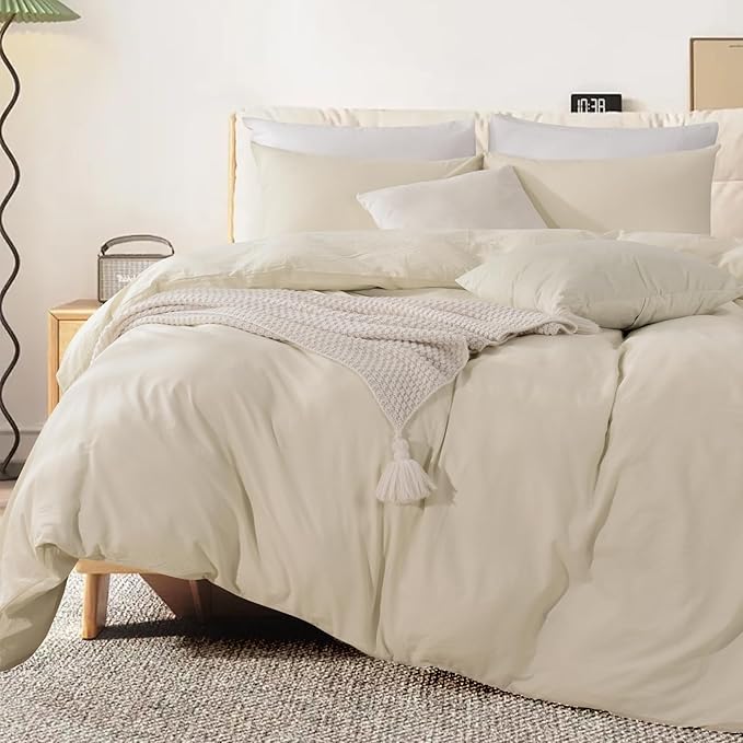 NEXHOME PRO Duvet Cover Set 100% Washed Cotton Oversized King 120"x98" Linen Feel Textured Organic 3 Pieces Bedding Set with Zipper Closure and Corner Ties, Breathable(Cream Grey, No Comforter)
