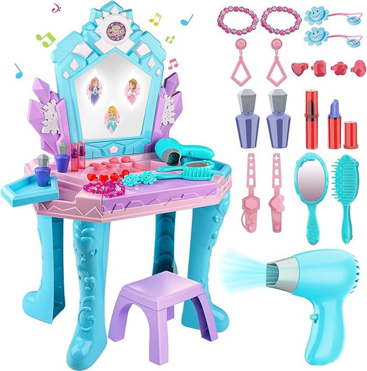 Toddler Frozen Vanity Table and Chair, Girls Magic Makeup Set with Mirror and Lights & Music, Kids Pretend Play Toys for 2 3 4 5 Year Old Girl Princess Dress Playset Birthday Gifts Ages 2-4 3-5