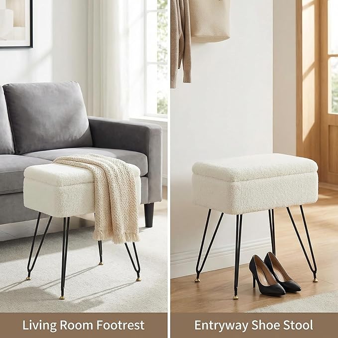 Vanity Stool Chair, Faux Teddy Fur Ottoman Foot Stool with Metal Legs & Adjustable Black Feet, Flip Top Storage Makeup Chair with Soft Padded Seat, Foot Rest for Makeup Room Bedroom, White