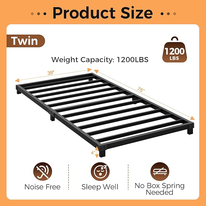 4 Inch Bed Frames Twin Size Low Profile Metal Platform Bed Frame Heavy Duty Steel Slat Support, No Box Spring Needed, Easy Assembly, Noise Free