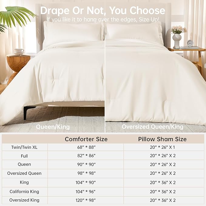 MUXHOMO Oversized Queen Comforter Sets, All Season Ultra Soft Down Alternative Bedding - 3 Piece Lightweight Bed Set Includes 1 Comforter (98"*98") and 2 Pillow Shams (20"x26"), Ivory