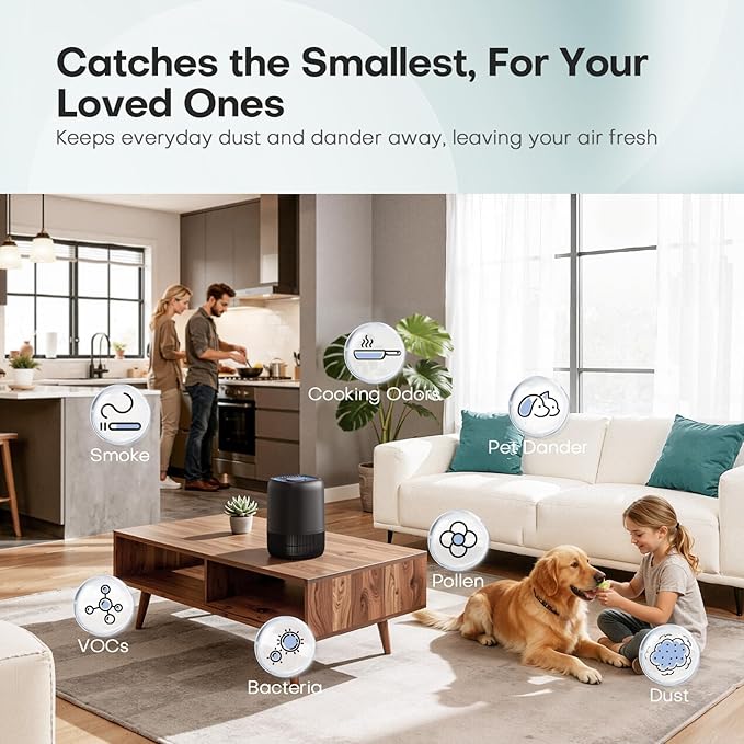 Air Purifiers for Bedroom with High Efficiency Filter Up to 1076 Ft² for Pet Hair, Odors, Pollen, Smoke, Compact Air Cleaner with 3 Speeds, Timer, Aroma Quiet 360°Intake Filter, Black